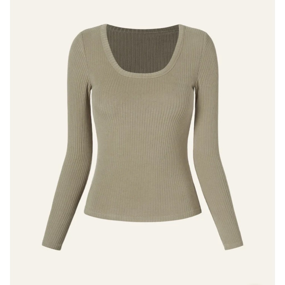 OGL Ribbed Scoop Neck Long Sleeve Top - Olive Beige